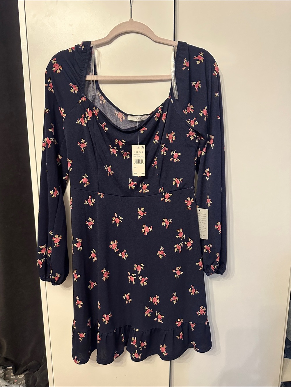 Lush Navy Floral Long-Sleeve Ruffle-Hem Dress